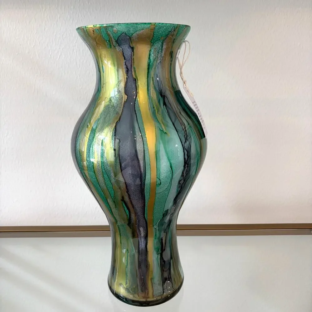 Italian Murano Art Glass Vase 14.5in Green Blue Gold Glitter Swirl Hand Blown